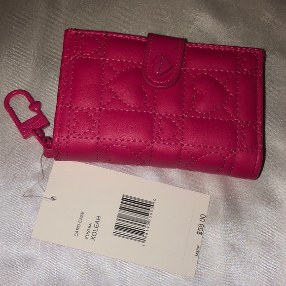 Betsey Johnson Fushia Faux Leather Card Case Wallet & Key Ring Quilted Heart NWT - Picture 3 of 16